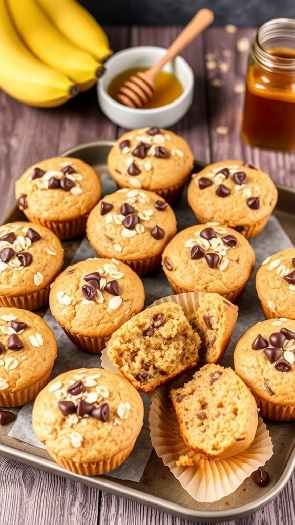 A tray of golden brown banana muffins with oats and chocolate chips on a wooden table.